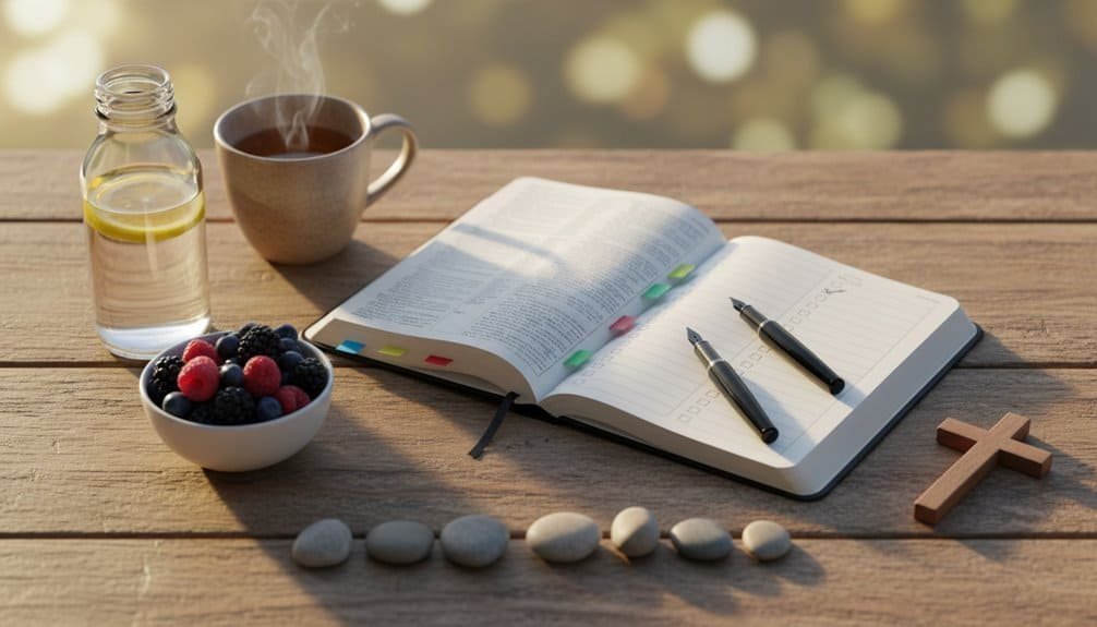 Bible verse journal on table with coffee, berries, cross, and pens for devotional worship. Perfect for prayer, inspiration, and Christian music at home or church.
