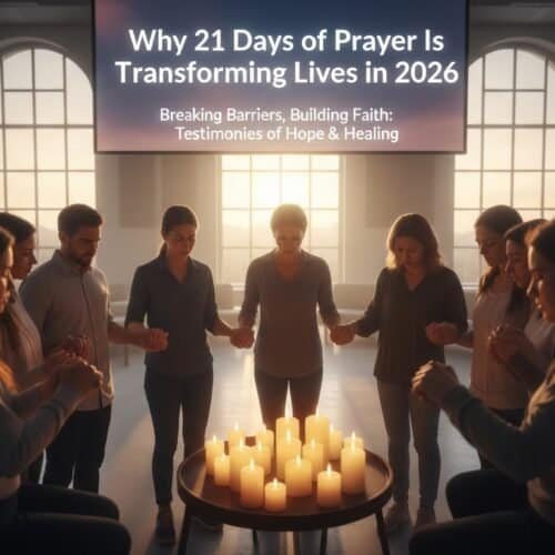 A group of people holding hands around lit candles during prayer in a church, symbolizing faith, hope, and community healing in a spiritual setting.