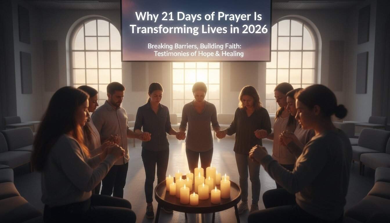 A group of people holding hands around lit candles during prayer in a church, symbolizing faith, hope, and community healing in a spiritual setting.