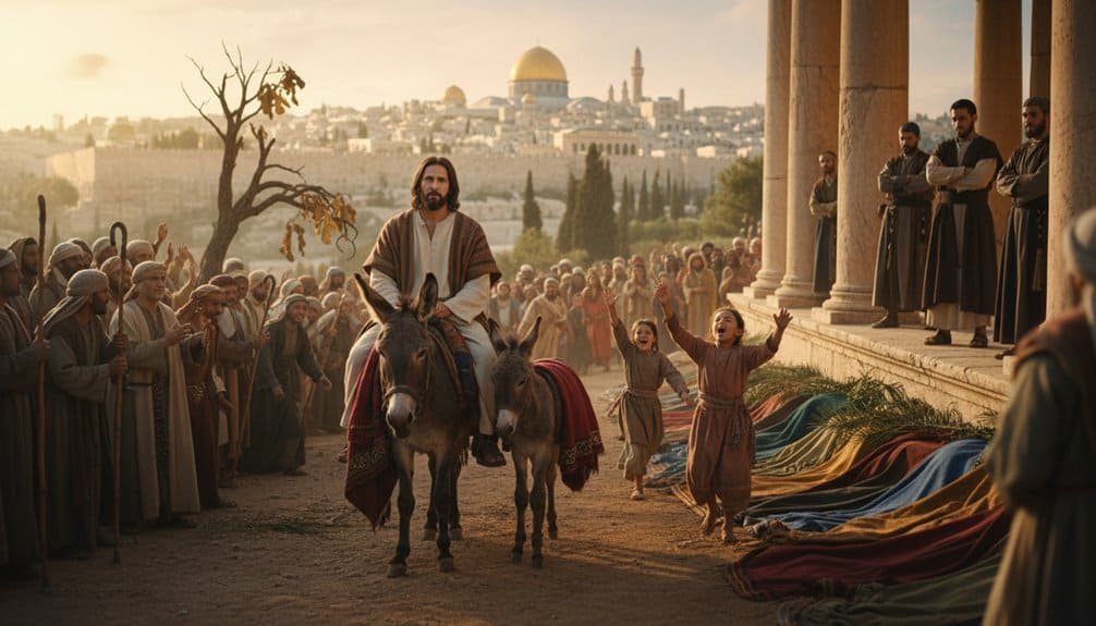 Honoring Jesus' triumphant entry into Jerusalem with crowd and children, Palm Sunday scene, biblical event, spiritual celebration, Christian worship.