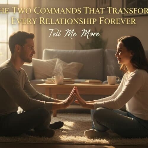 An image of a couple sitting cross-legged on a plush rug, facing each other with hands touching in a gesture of connection and love, in a cozy, sunlit living room.