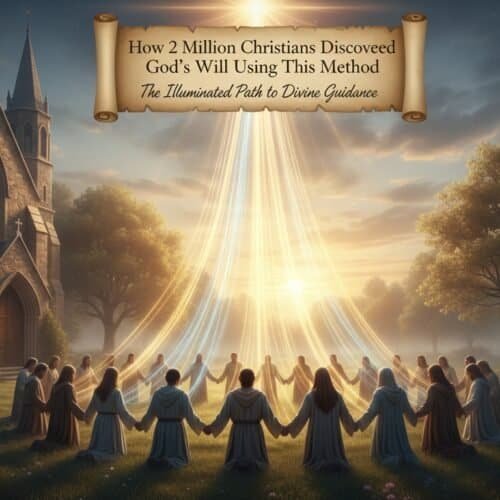 Inspirational Christian prayer, worship, and divine guidance concept with Christians holding hands in prayer circle near church at sunset, illuminated by divine light rays.