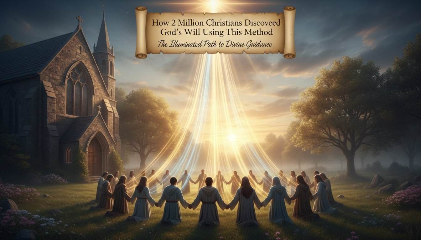 Inspirational Christian prayer, worship, and divine guidance concept with Christians holding hands in prayer circle near church at sunset, illuminated by divine light rays.