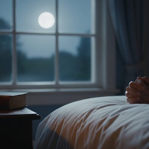 Midnight prayer scene with a lit candle, Bible, and window showing the full moon.