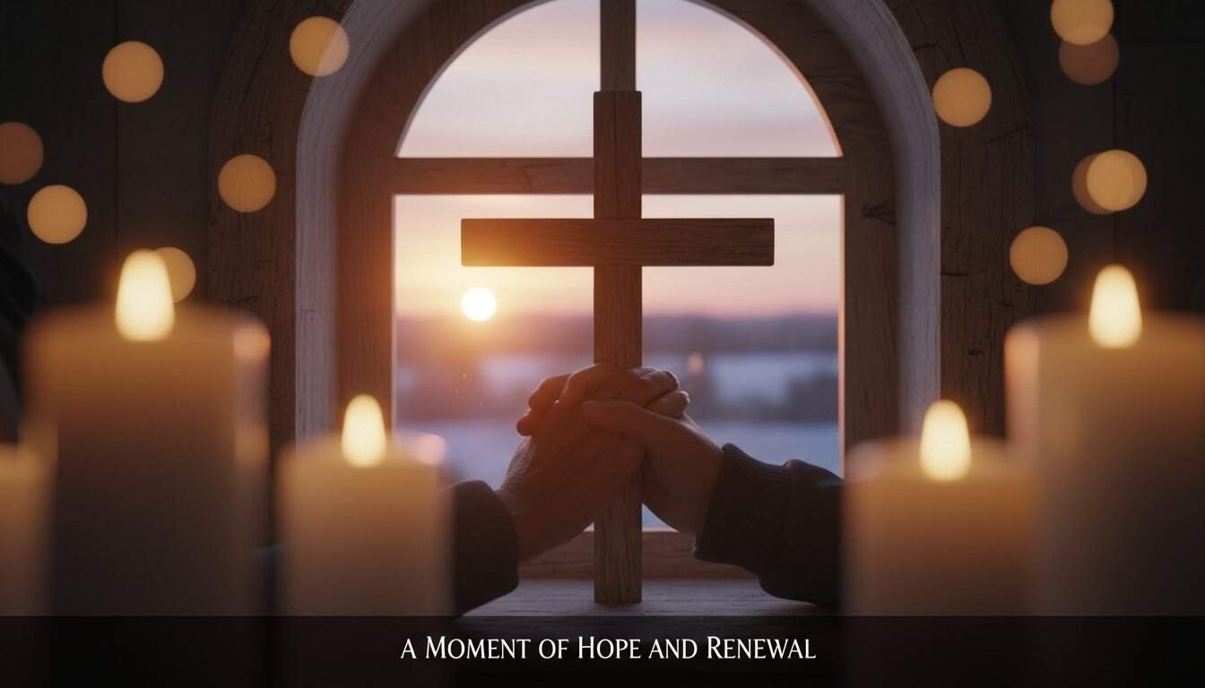 Hopeful prayer with hands clasped in front of a cross, warm candlelight, and a scenic sunset view through a church window, symbolizing spiritual renewal, faith, and hope in God's promise.