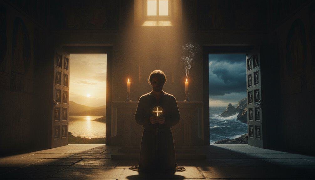 Inspirational Bible song for faith and worship, depicting a person praying inside a church with scenic views of the ocean and mountain landscapes, emphasizing spirituality and devotion.