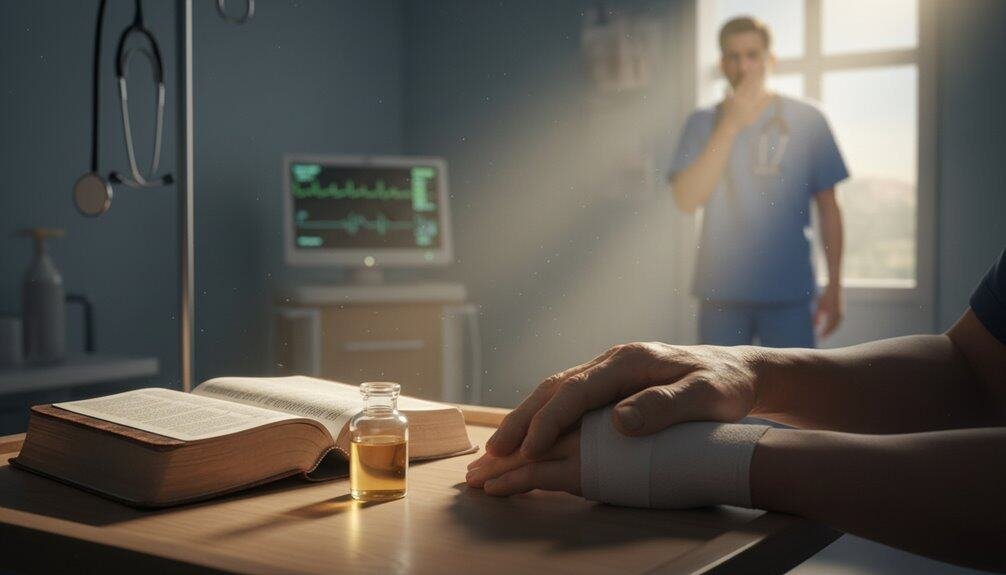 Compassionate nurse praying beside a patient after medical treatment, emphasizing faith, healing, and hope in a hospital setting.