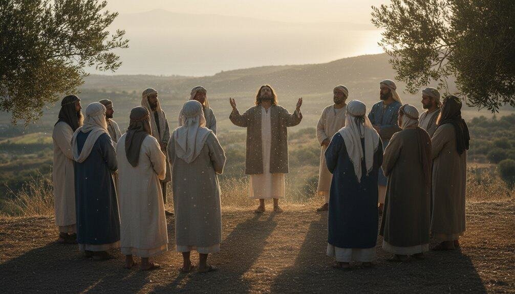A group of people dressed in biblical-era robes gathered outdoors, listening to a man speaking passionately under a sunset sky, symbolizing faith, prayer, and spiritual unity.