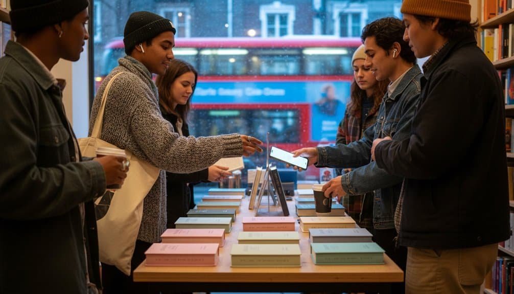 People browsing books at a Christian bookstore with a display of Bibles and religious songs, emphasizing faith, worship, and spiritual growth with a focus on Bible-related music.
