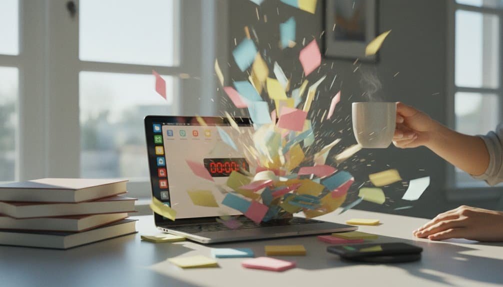 An animated image showing a laptop, books, and colorful sticky notes exploding from the device, symbolizing engaging Bible music and devotion content from My Bible Song.