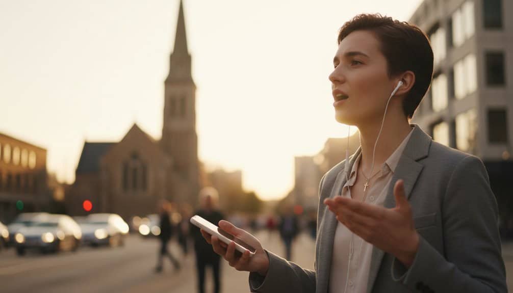 An engaged woman listens to Christian songs on her smartphone with earphones in an urban setting during sunset, highlighting faith-based music and devotion in daily life.