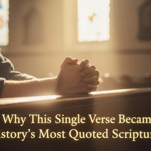 Why This Single Verse Became History's Most Quoted Scripture My Bible Song 2026 Image of praying hands in church with sunlight streaming through stained glass windows, emphasizing the power and significance of Bible verses in worship.