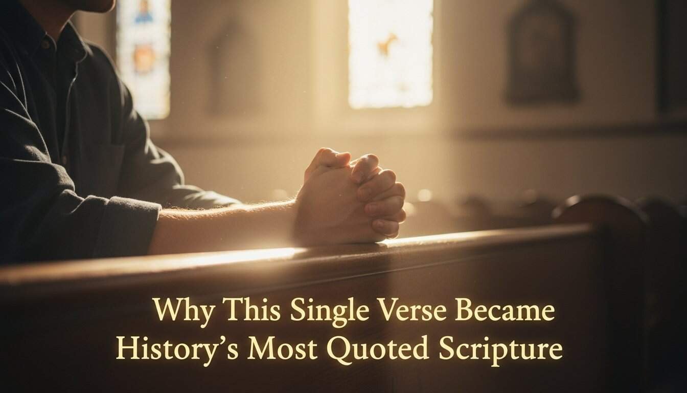 Image of praying hands in church with sunlight streaming through stained glass windows, emphasizing the power and significance of Bible verses in worship.