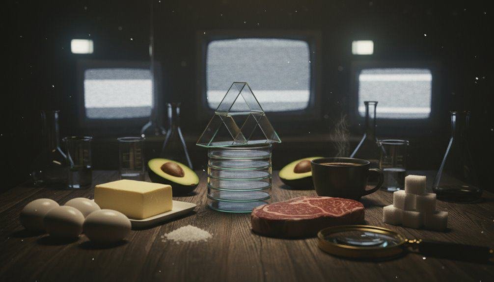 Deep focus photo of biblical symbols and meal elements on a table, including eggs, cheese, avocado, coffee, sugar cubes, and a steak, with retro TV screens in the background highlighting a faith-themed setting.