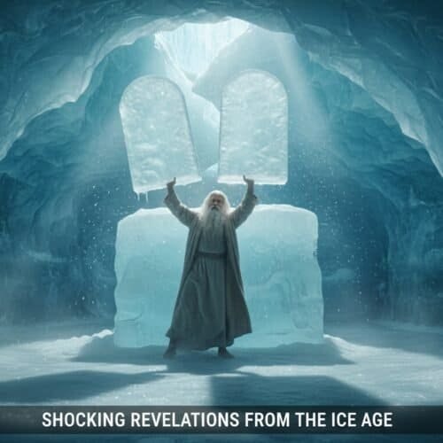 An elderly man with a long white beard in a frozen ice cave, raising his arms towards the glowing light through icy arches, symbolizing divine or biblical revelations from the Ice Age.