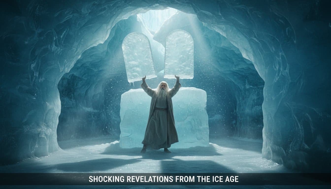 An elderly man with a long white beard in a frozen ice cave, raising his arms towards the glowing light through icy arches, symbolizing divine or biblical revelations from the Ice Age.