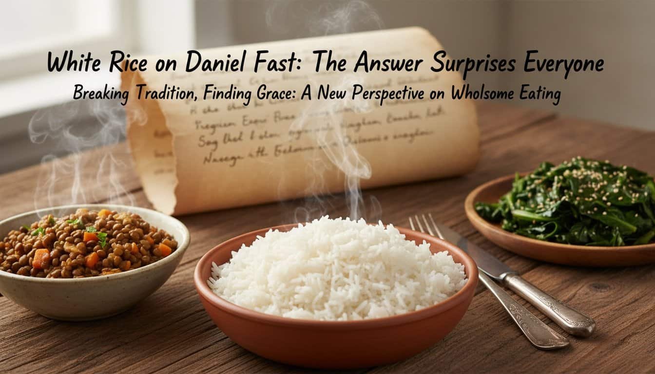 Delicious steaming white rice served on a wooden table, representing wholesome eating during the Daniel Fast, with accompanying lentil stew and greens, emphasizing healthy, plant-based diet choices.