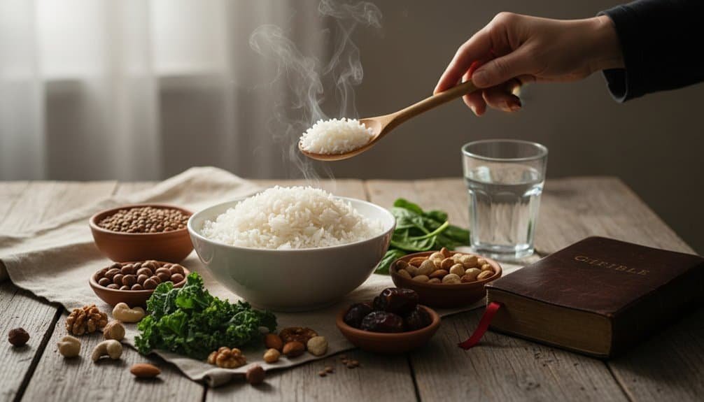White Rice on Daniel Fast: The Answer Surprises Everyone My Bible Song 2026 A hand serving hot rice with biblical elements on a rustic table, symbolizing spiritual nourishment and faith. Perfect for Christian worship and Bible song themes.