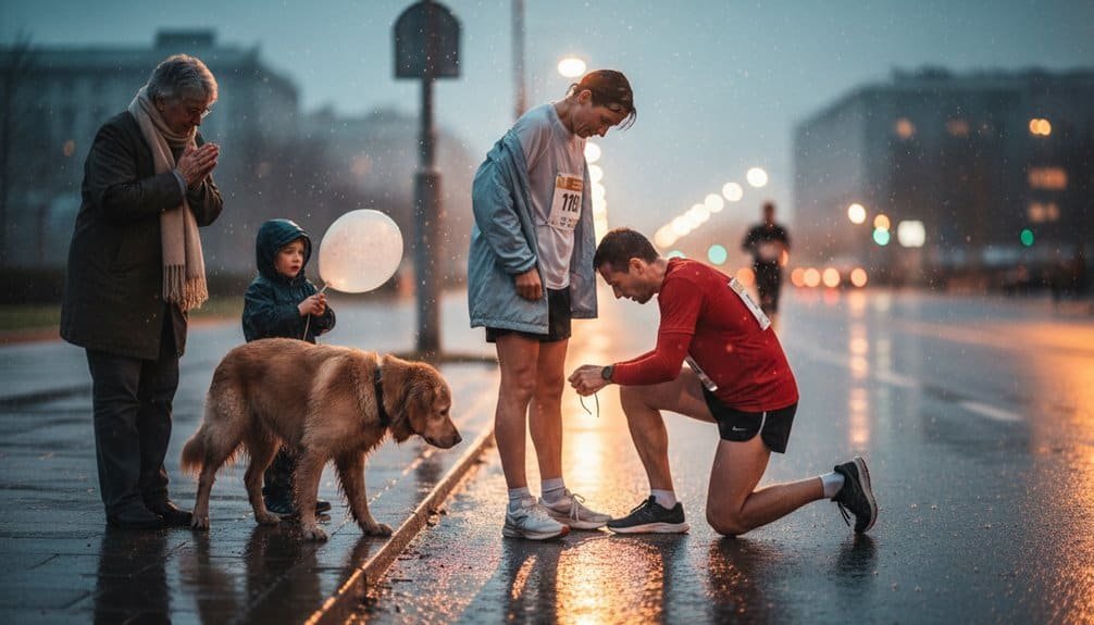 Prayer, faith, charity run, community, hope, spiritual support, kindness, worship, religious devotion, togetherness, outdoor prayer scene.