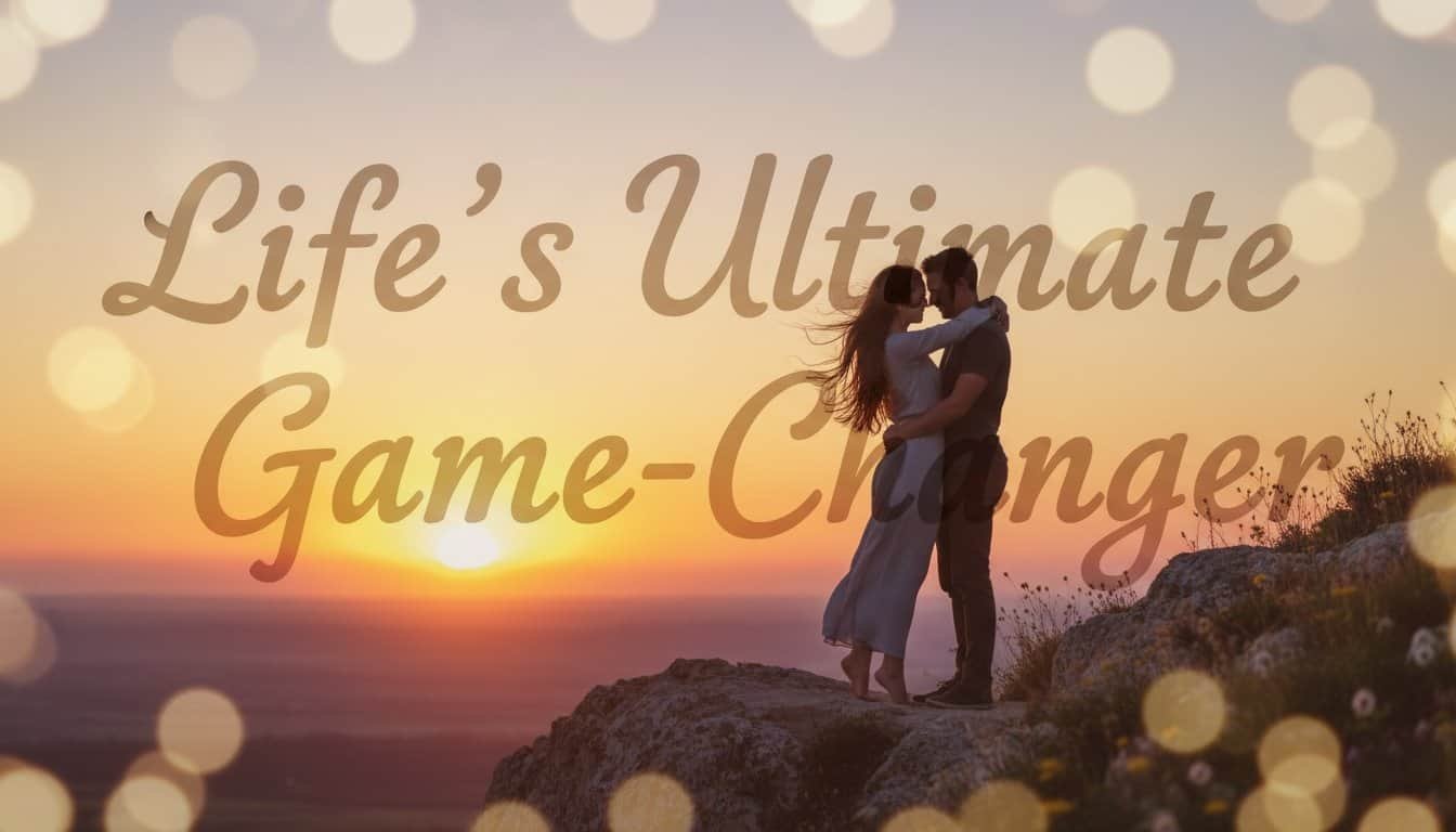 Romantic couple embracing during sunset on rocky hill, representing love and companionship, perfect for inspiring faith-based relationships and life transformation themes.