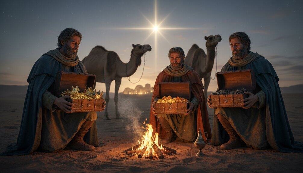 An image of three men in biblical robes collecting treasures from chests around a campfire, with camels and a shining star in the desert at sunset, emphasizing faith and biblical stories.