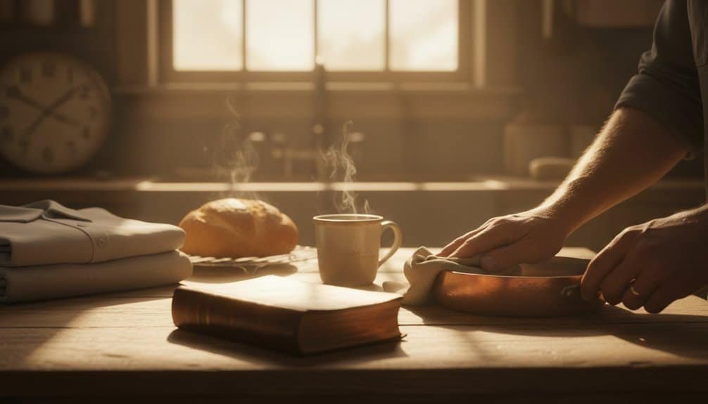 ALT text: A peaceful morning scene in a cozy kitchen with a Bible, prayer, a steaming cup, and warm sunlight, highlighting devotion and worship.