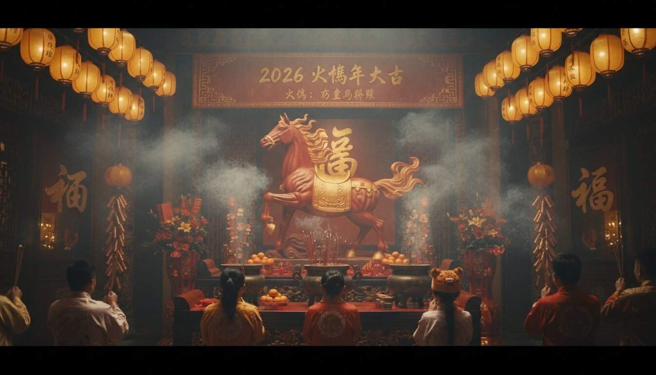 Vibrant Chinese New Year 2026 celebration with lanterns, dragon figure, incense, and worshippers honoring cultural traditions.