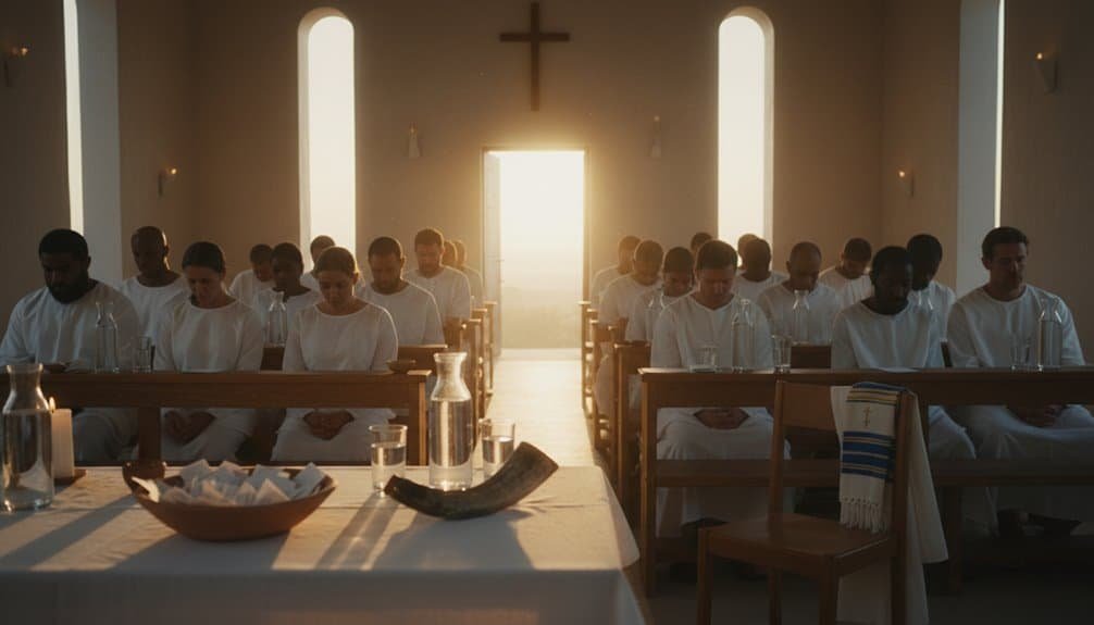 Hopeful church prayer service during sunrise with congregation in prayer.