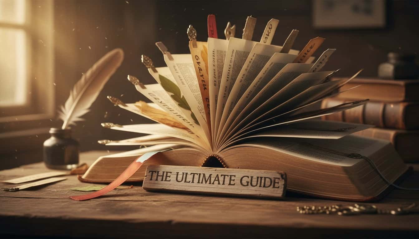 Open Bible with bookmarks and quill pen on a wooden desk, symbolizing spiritual study and guidance, ideal for Christian educational content.