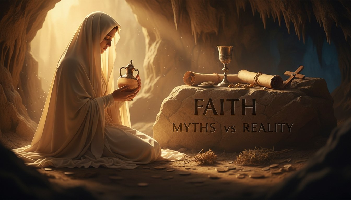 Mary Magdalene praying in a cave with faith symbols, highlighting faith myths vs reality.