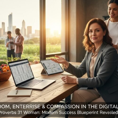 Businesswomen discussing success strategies in a modern office with city skyline view, highlighting Proverbs 31 Woman as a blueprint for modern success and empowerment.