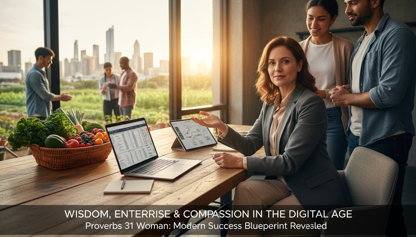 Businesswomen discussing success strategies in a modern office with city skyline view, highlighting Proverbs 31 Woman as a blueprint for modern success and empowerment.