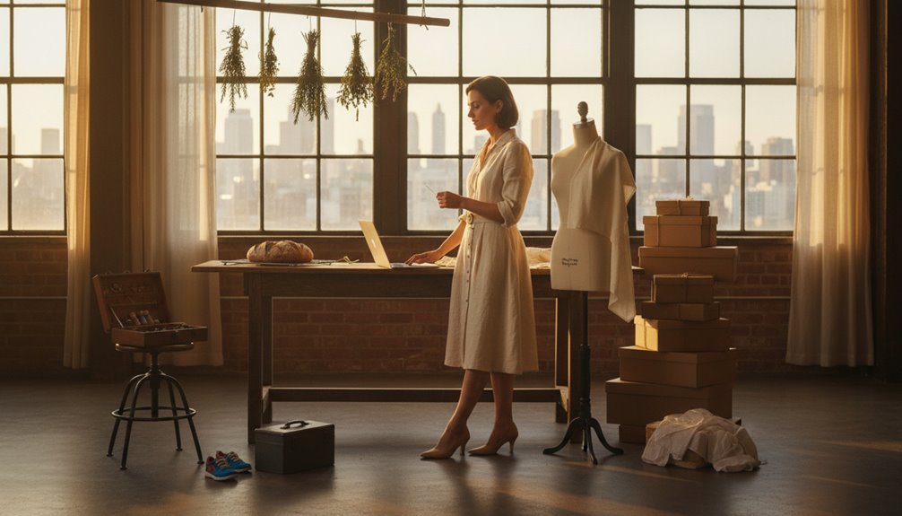Elegant woman reading Bible in a bright, stylish workspace with sewing mannequin and books, symbolizing faith and success.