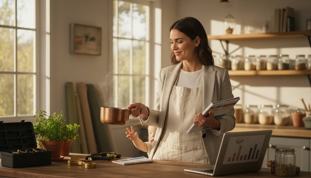 Elegant woman reading Bible and holding a cup in a cozy kitchen setting.