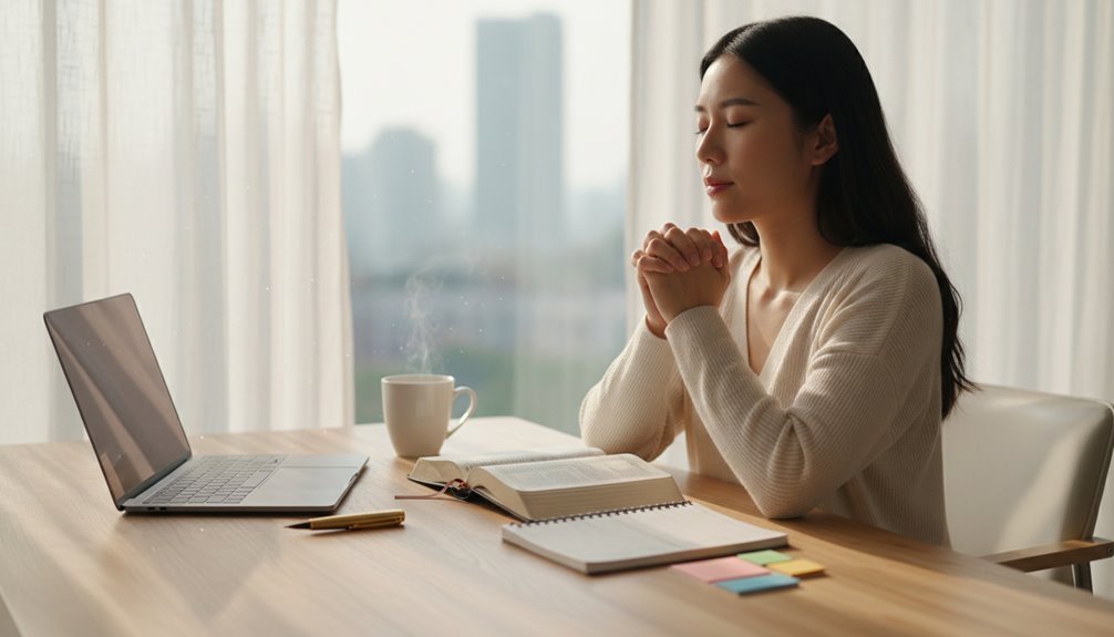 A woman praying with closed eyes at a desk, symbolizing faith and success, with a laptop, notebook, and coffee, representing modern achievement guided by biblical principles.