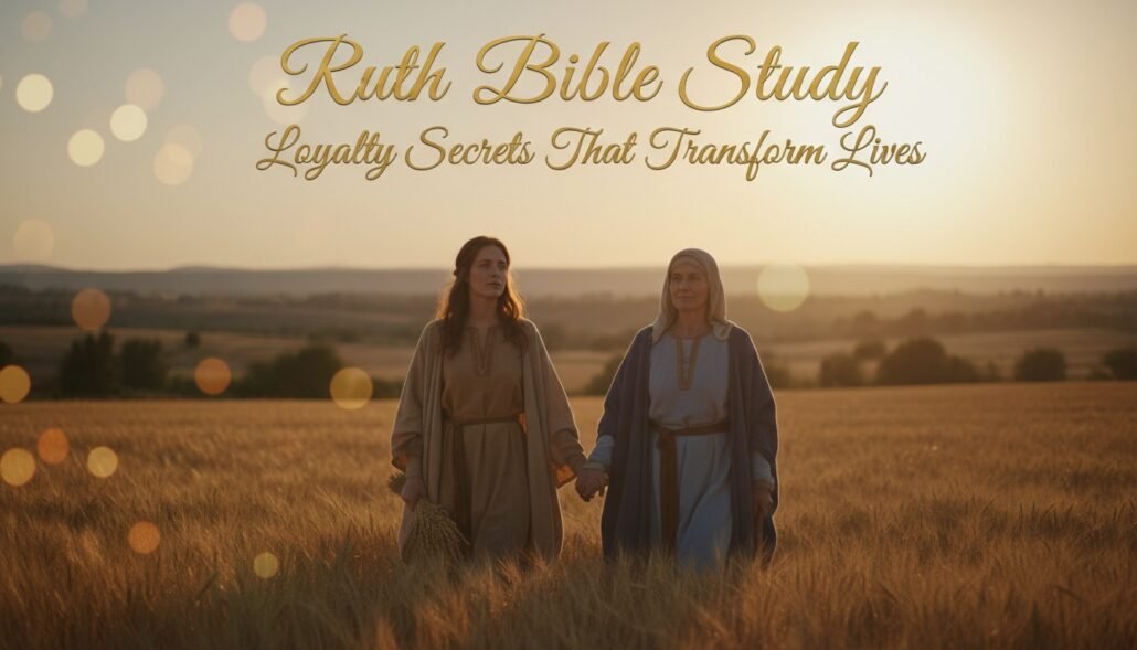 Beautiful image of two women walking hand-in-hand through a golden field at sunset, symbolizing loyalty and faith, perfect for Ruth Bible Study and spiritual growth content.