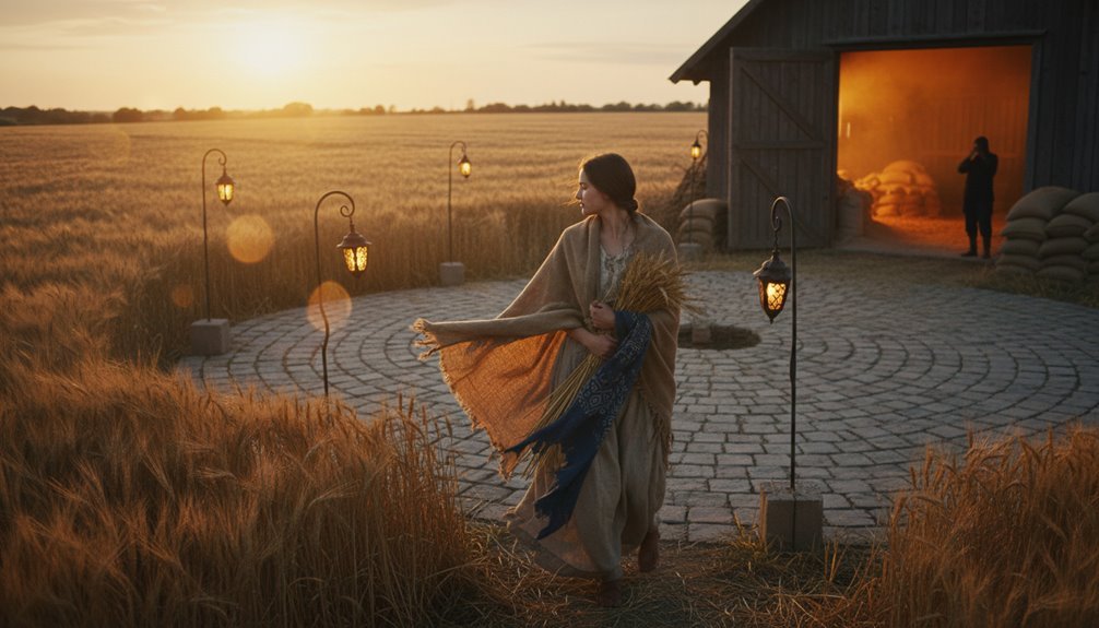 Woman walking through a field towards a barn at sunset, symbolizing faith and loyalty in Ruth Bible Study. Perfect for Christian devotion and biblical lessons.