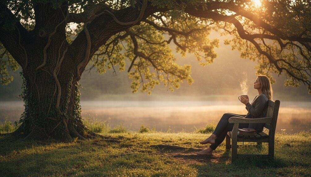 Serene scene of a woman sitting on a bench beneath a sprawling tree, praying during sunrise with warm sunlight filtering through the leaves, creating a tranquil spiritual atmosphere.