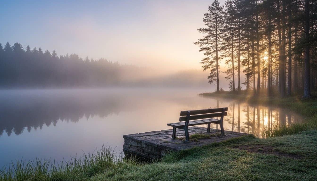 Serene lakeside view featuring a wooden bench on a small dock, surrounded by calm water and misty trees, perfect for reflection and tranquility.
