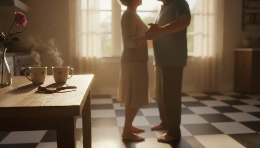 An image of a couple holding hands and sharing a tender moment in a cozy, sunlit kitchen with checkered flooring, warm lighting, and steaming cups on the table, emphasizing love and faith.