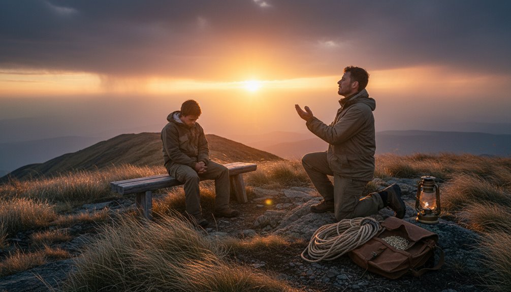 Man praying with a boy during sunset on a mountain, capturing a moment of faith and reflection in nature.