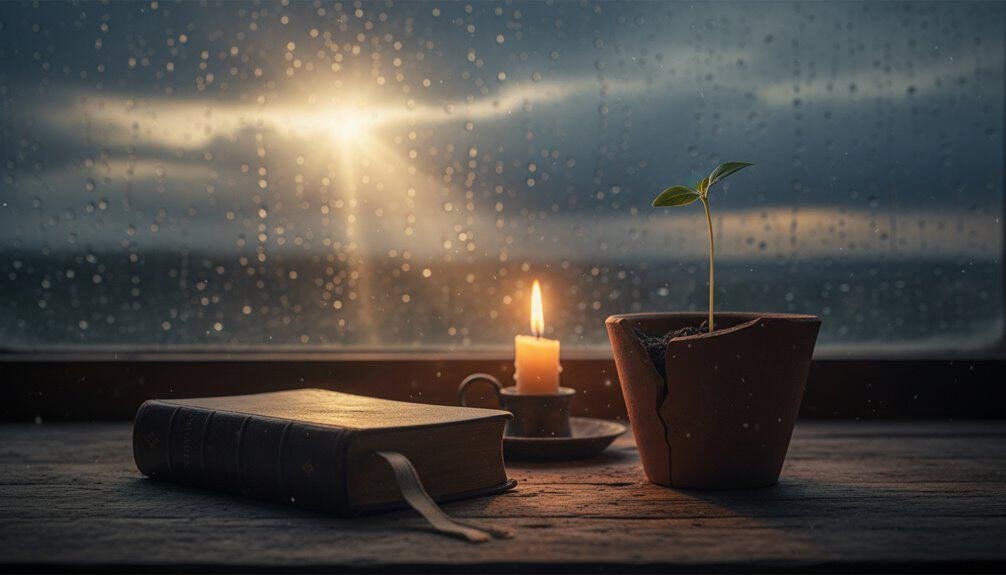 10 Comforting Bible Verses for Hard Times My Bible Song 2026 A small potted plant, a lit candle, and a closed Bible on a wooden surface with raindrops on the window and a sunset in the background, symbolizing faith, growth, and hope.
