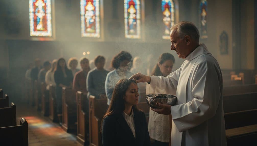 A priest administering Holy Communion to a young girl during a church service, with a congregation in prayer in the background inside a church with stained glass windows.