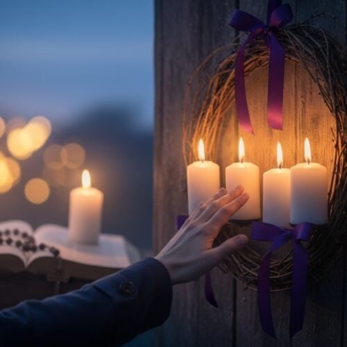 Advent wreath with lit candles and purple ribbons, symbolizing hope and anticipation during the Christmas season.
