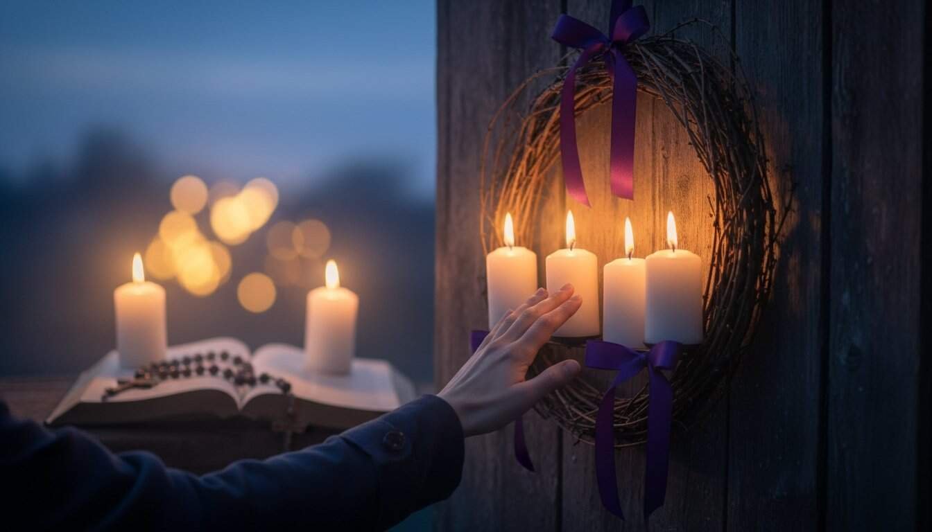 Advent wreath with lit candles and purple ribbons, symbolizing hope and anticipation during the Christmas season.
