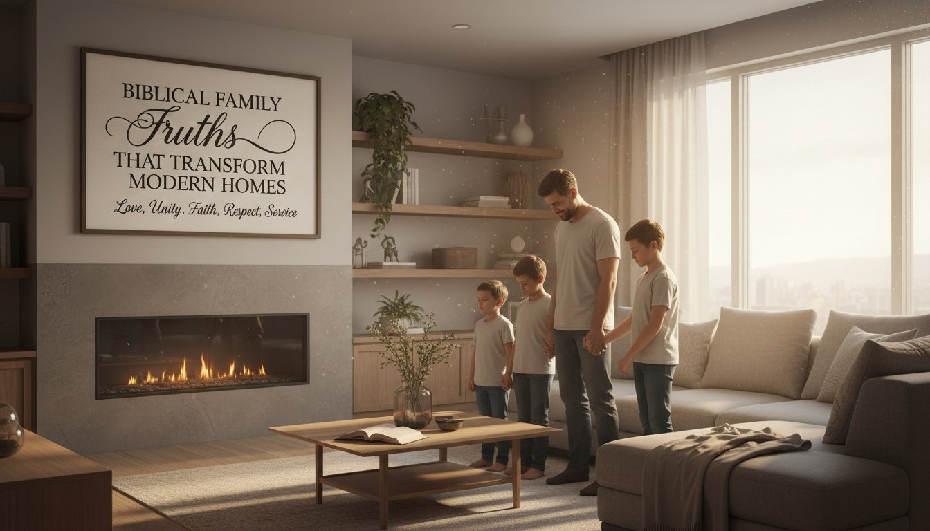 Family praying together in a cozy living room with a fireplace, emphasizing biblical family values and faith-based home decor.