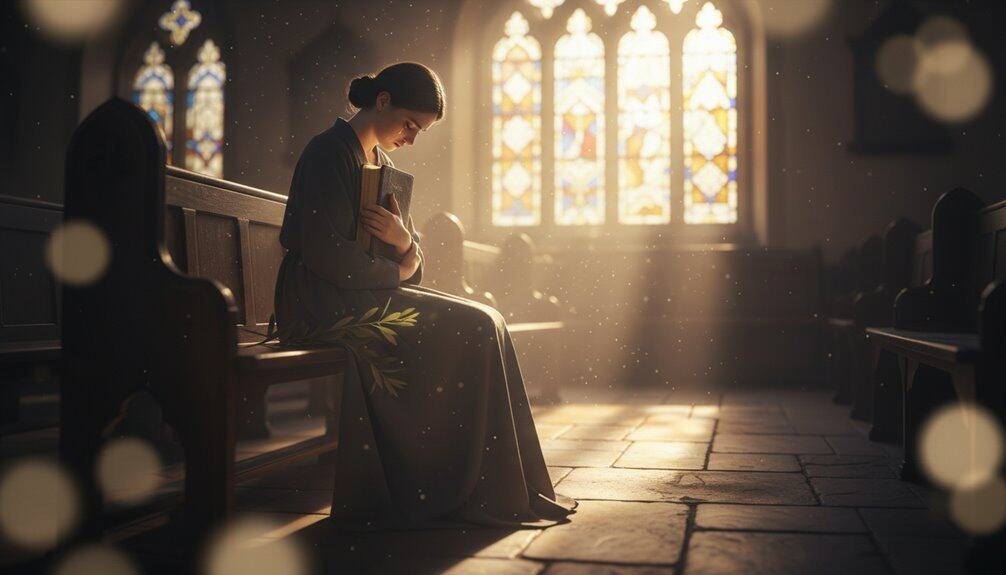 10 Comforting Bible Verses for Hard Times My Bible Song 2026 Woman praying and reading the Bible in a church with stained glass windows, creating a peaceful and spiritual atmosphere.