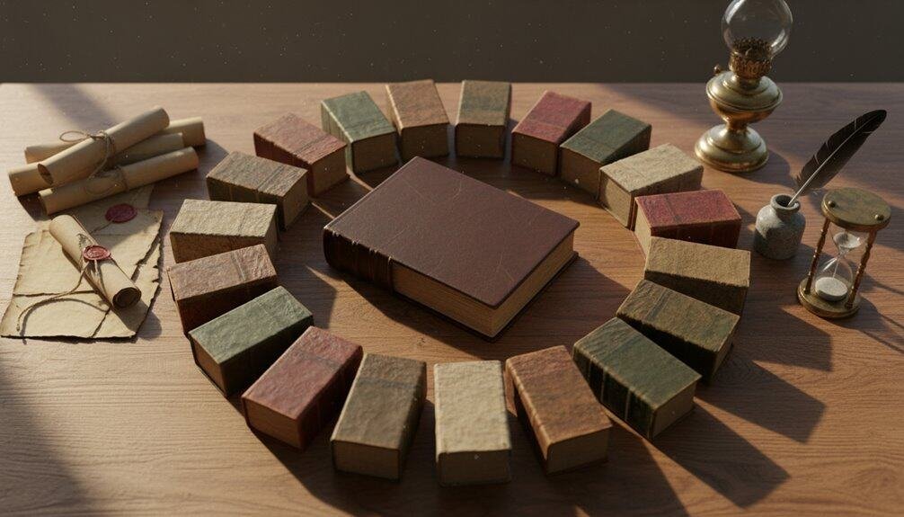 Heart-shaped arrangement of colorful Bible study blocks with a central Bible, quill, and hourglass on a wooden table, symbolizing faith and devotion.