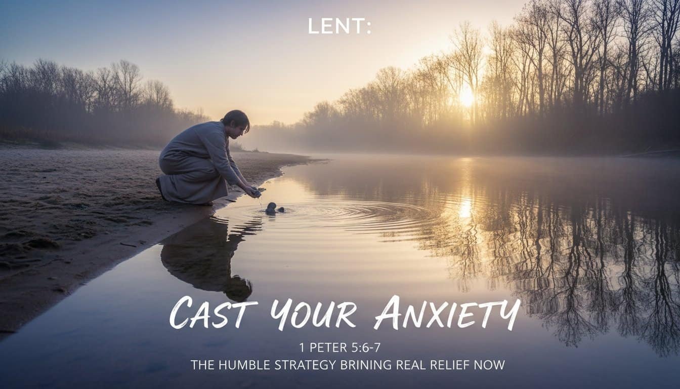A person kneeling by a calm river at sunset, reflecting faith and serenity, with text about Lent and casting away anxiety.