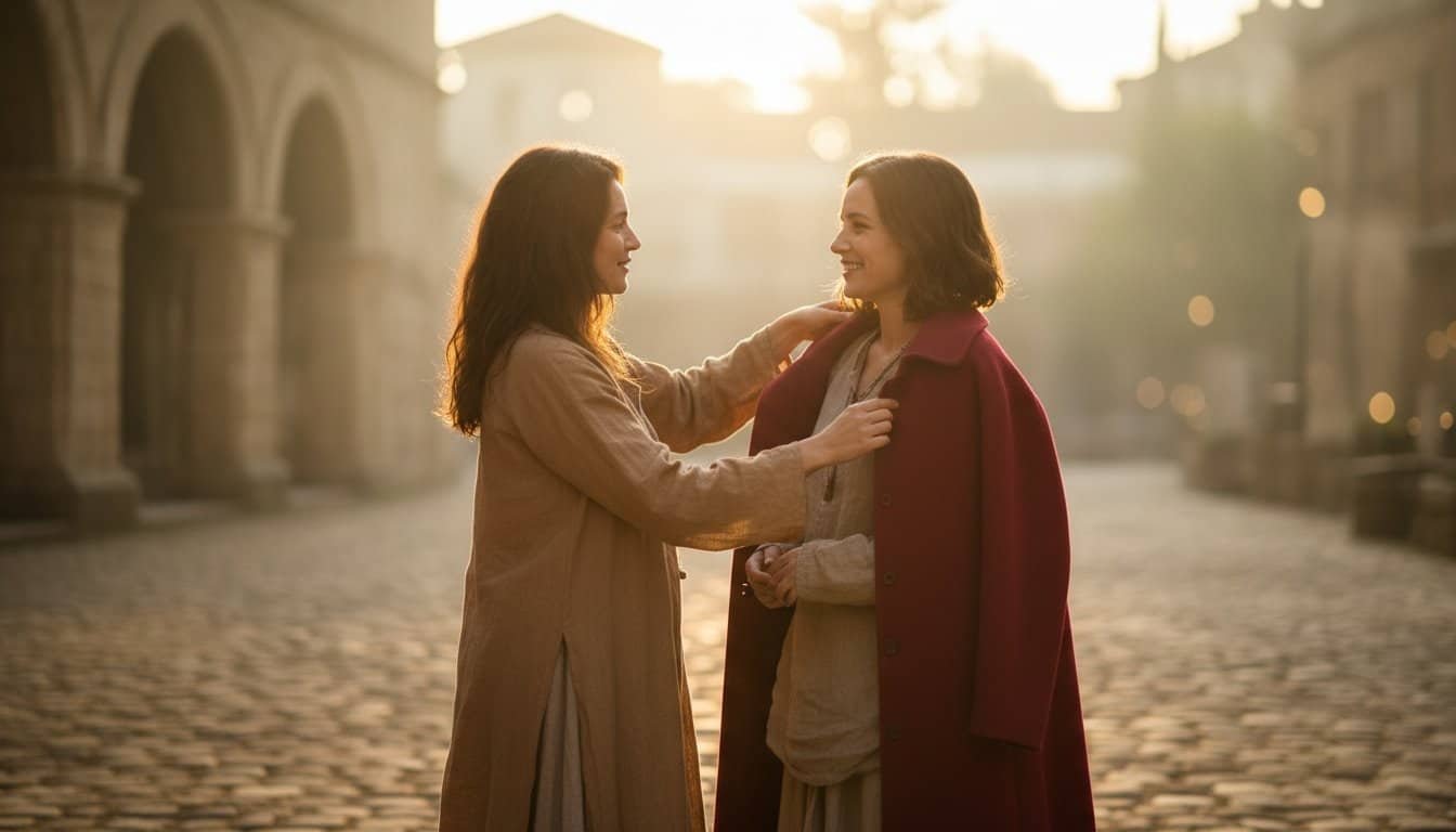Two women engaging in a heartfelt conversation outdoors during sunset, symbolizing faith and community in a biblical setting.
